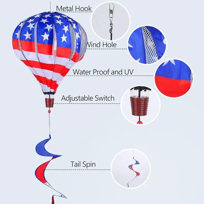 BATTIFE 2Pcs Patriotic Hot Air Balloon Wind Spinner, American Flag Kinetic Wind Twister with Tail, Outdoor Spiral Windmill Garden Yard, 4th of July Hanging Decoration, photo 4 of 9