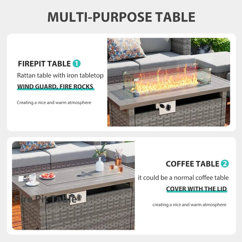 44" Fire Pit Table with Wind Guard for Outdoor, Auto-Ignition Propane Gas Firepits Rattan Rectangular Table for Outside Patio 60,000 BTU, Gray, photo 4 of 6