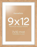 Homeforia 9x12 Picture Frame Wood, High End Natural Oak 9 x 12 Light Wooden Frames with Mat 7 by 10 Photo, 9by12 Frame Matted to 7x10 Print, Wall or Tabletop Frames, Tempered Glass, Wall Kit, Set of 1 by CozyNest Decor