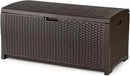 Suncast Outdoor Storage Box - 73 Gallon Mocha Brown Deck Box for Patio, Waterproof Outdoor Storage Bench, Resin Wicker Style, Heavy-Duty, Lockable Lid for Cushions, Shoes, Pool & Garden Gear by GreenHaven Gardens