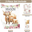 Custom Name Crib Bedding Set - Flower Highland Cow Pattern, Personalized Nursery Bedding 3-Piece Set– Soft Blanket, Fitted Sheet, Changing Pad Cover – for Newborns Girls Nursery Gifts by TinyTreasures Baby Boutique