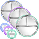 3-Pack Stainless Steel Baby Plates with Suction, BPA-Free Stainless Steel Kids Plates, 9” Divided Toddler Plate for Dishwasher Safe, Non-Slip Silicone Base, Detachable (Blue, Green, Purple) by TinyTreasures Baby Boutique