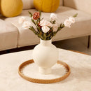 Round Rattan Tray with Mother of Pearl Inlay & Wooden Base - Decorative Wicker Serving Tray for Coffee/Bread/Fruits, Food Storage & Display - Multipurpose Home Decor (M,White Leaves) by CozyNest Decor
