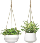 Mkono Ceramic Hanging Planter of Shallow 8 Inch and Deep 6 Inch for Indoor Outdoor Plants, Set of 2 Modern Plant Pot Geometric Porcelain Hanging Basket with Polyester Rope Hanger by GreenHaven Gardens