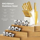 ZHANG XIAO QUAN SINCE 1628 15Pcs Knife Sets with Block, 50Cr15MoV Stainless Steel kitchen knife set with Built-in Sharpener Dishwasher Safe(Golden) by CozyNest Decor