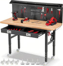 Workbench with Wheels 60 x 22 Inch Adjustable Height Work Table for Garage Heavy Duty Rubberwood Tabletop Work Bench with LED, Drawers, Pegboard, Power Outlets for Office Home Commercial by GreenHaven Gardens