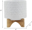 8" Ceramic Planter Stand, White Diamond Design with Wooden Base, Indoor/Outdoor Planter with Stand for Your Succulents and Small Plants by GreenHaven Gardens