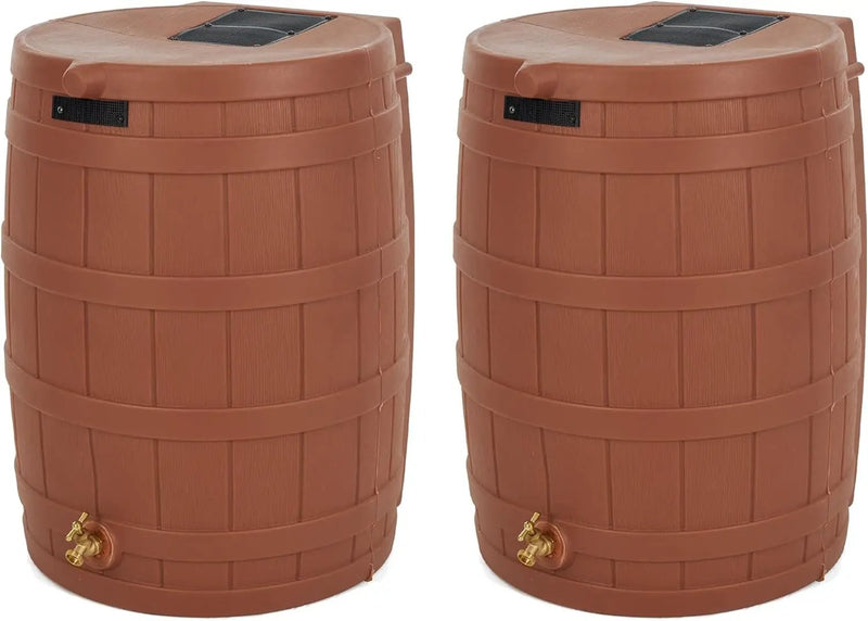 Good Ideas Rain Wizard 50 Gallon Plastic Outdoor Home Rain Barrel Water Storage Collector with Brass Spigot and Flat Back Design, Terra Cotta (2 Pack)
