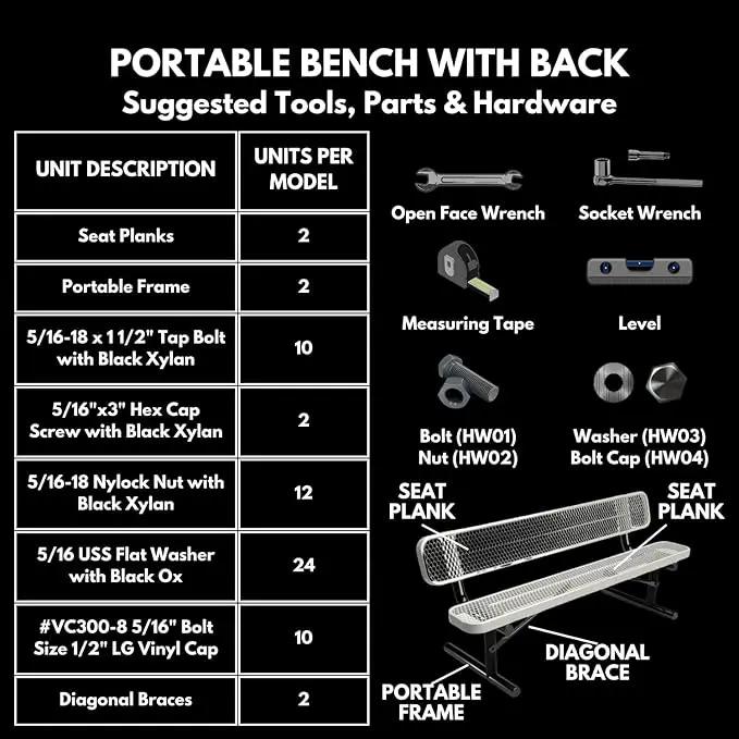 Heavy-Duty Portable Outdoor Bench Thermoplastic Coated, Expanded Metal, Commercial-Grade Seating, Made in America (Portable with Back, 8 Ft, Dark Green), photo 8 of 9