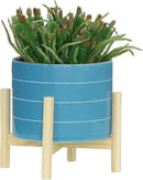 8" Ceramic Planter on Wooden Bamboo Stand - Contemporary Blue While Striped Design For Indoor or Outdoor Plants, Succulents, Cactus by GreenHaven Gardens