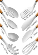 Country Kitchen Non Stick Silicone Utensil Set with Rounded Wood Handles for Cooking and Baking, 8 Piece Set, White