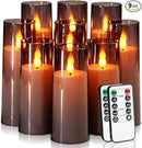 Amagic Grey Flameless Candles 9 Set, Battery Operated Candles with Remote Control and Timer, Flickering LED Pillar Candles for Home Halloween Decor, 3D Wick, Warm Yellow Light, D2.2 xH5 6" 7" by CozyNest Decor
