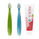 RADIUS Toddler Toothbrush and Toothpaste Bundle for Kids, 2 Pack Totz Extra Soft Brush in Blue and Green Sparkle and 1 Count Dragon Fruit Toothpaste, for Children 18 Months and Up by TinyTreasures Baby Boutique