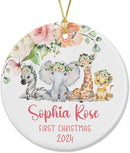 Unifury Personalized Baby First Christmas Ornament 2024, Keepsake for Babies First Christmas Tree, Holiday Decor for Celebrating Ceramic Babys 1st Christmas Ornament 2024, Safari Animal Floral by TinyTreasures Baby Boutique