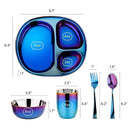Ahimsa Stainless Steel Kids Dinnerware Set - 5 Piece Stainless Steel Toddler Plates and Bowls Set, Pediatrician Designed, Plastic Free Toddler Plate and Bowl, Kids Utensils and Cup (Blue) by TinyTreasures Baby Boutique