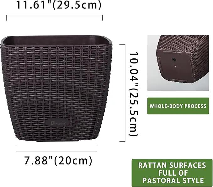 Dexceder 11x10 Self Watering Planter Indoor Outdoor, Inner Mat Design, Thickened Table Flower Plant Pot with Water Level Indicator (Brown Rattan), photo 3 of 6