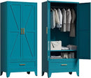 71'' Farmhouse Metal Wardrobe Cabinet with Hanging Rod, 2 Barn Door Wardrobe Closet with Adjustable Shelves,Drawer,for Dining Room,Bedroom,Living Room, Cloak Room,Office (Peacock Blue) by CozyNest Decor