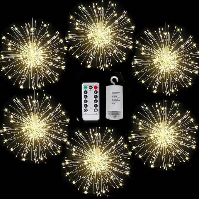 FOOING 6 Pack Firework Lights Led Copper Wire String Lights 8 Modes Battery Operated Fairy Lights with Remote,Wedding Decorative Hanging Lights for Party Patio (Warm White)