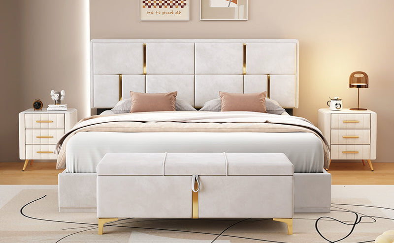 2-Pieces Bedroom Sets,Queen Size Upholstered Platform Bed with Hydraulic Storage System,Storage Ottoman with Metal Legs,Beige