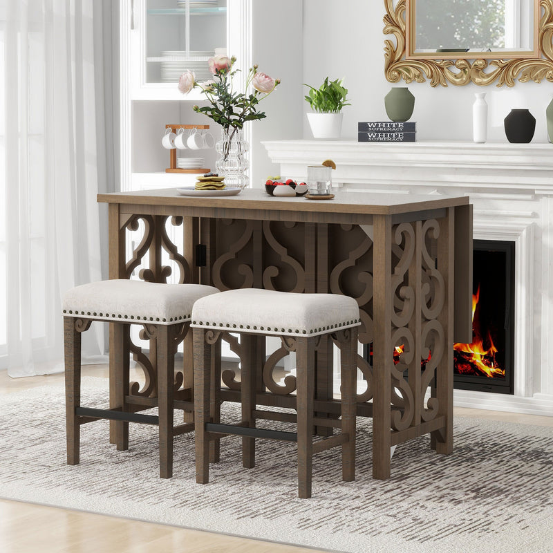 3-Piece Retro Dining Set Solid Wood Counter Height Pub Set Foldable Table with 2 Saddle Stools for Kitchen, Small Space (Distressed Brown)