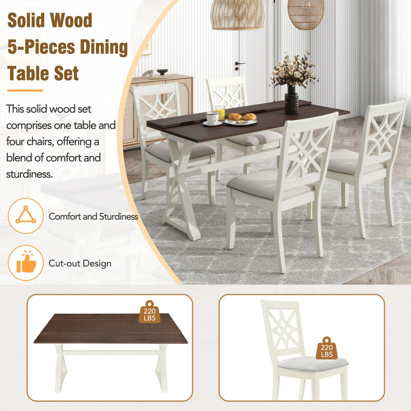 5-Piece 62x35.2inch Extendable Rubber Wood Dining Table Set with X-shape Legs,Console Table with Two 8.8Inch-Wide Flip Lids and Upholstered Dining Chairs, Beige