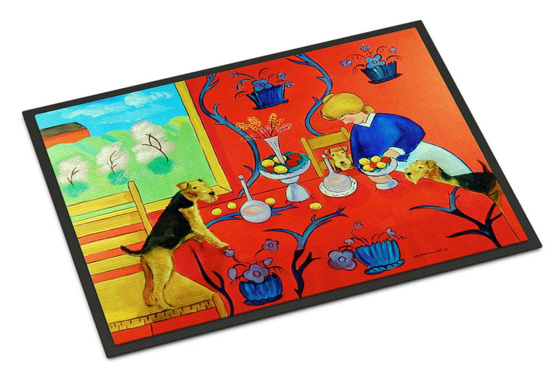 Airedale Terrier with lady in the kitchen Indoor or Outdoor Mat 24x36 Doormat