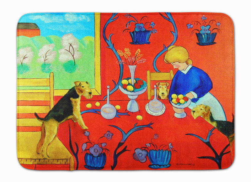 Airedale Terrier with lady in the kitchen Machine Washable Memory Foam Mat 7212RUG