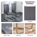 A simple dining table. A dining table with a white marble pattern. 4 PU synthetic leather high backrest cushioned side chairs with C-shaped silver metal legs. DT-SQ-16090-wh