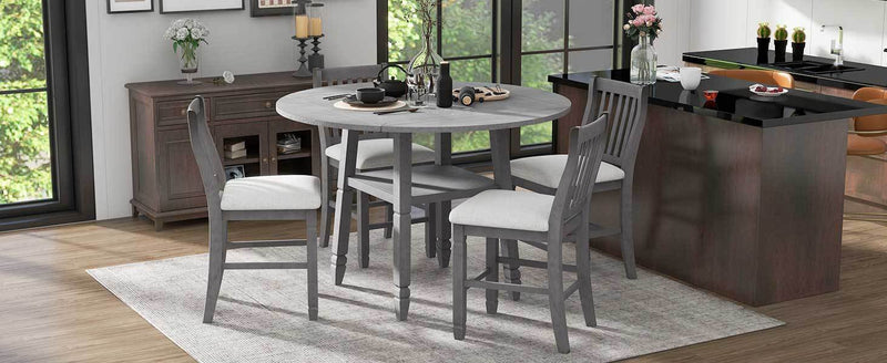 5-Piece Counter Height Dining Table Set in 2 Table Sizes with 4 Folding Leaves and 4 Upholstered Chairs for Dining Room (Gray+Beige Cushion)