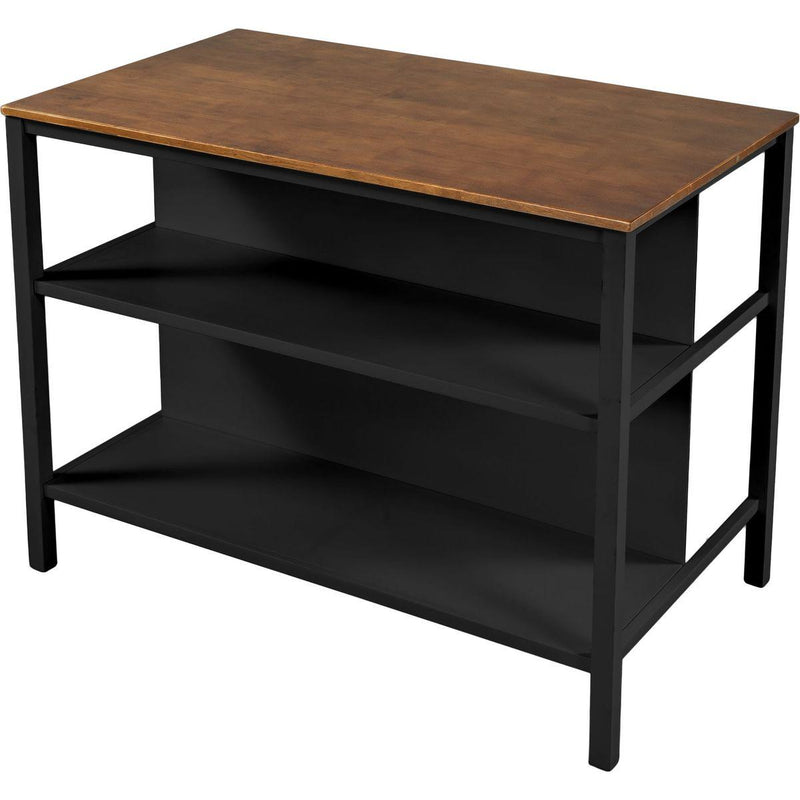 TOPMAX Solid Wood Rustic 45' Stationary Kitchen Island, Rubber Wood Butcher Block Dining Table Prep Table with 2 Open Shelves for Small Places,Walnut+Black