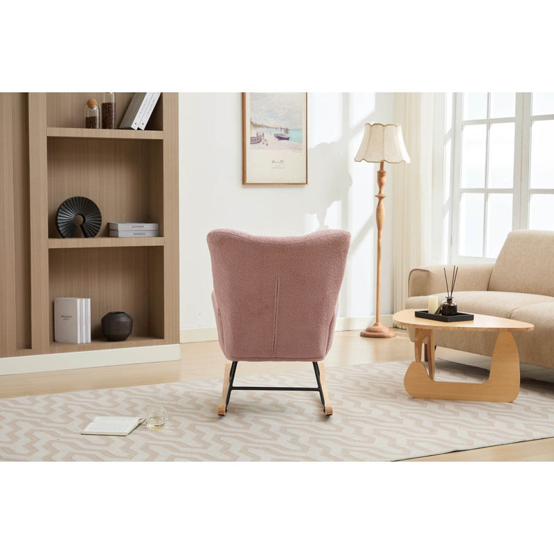 Modern Nursery Rocking Chair Upholstered Glider Chair with High Backrest Rocker Accent Armchair with Solid Wood Legs for Nursery Bedroom Living Room Teddy(Pink)