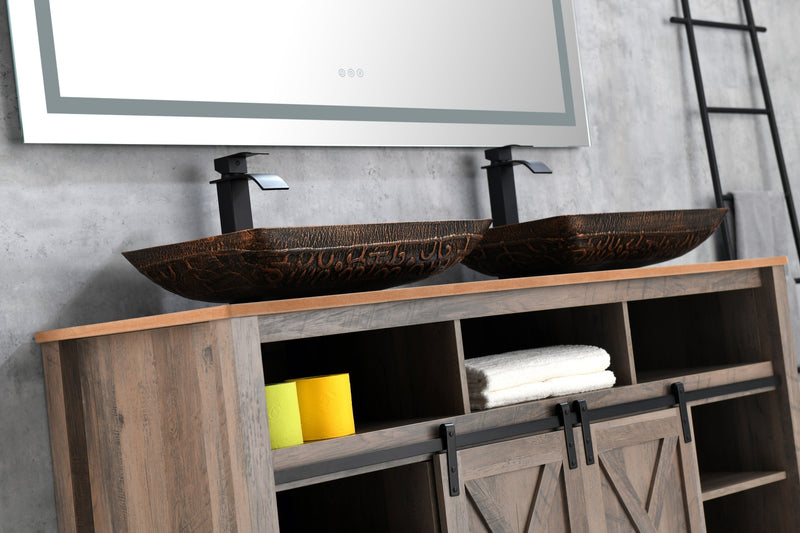 22.25" L -14.5" W -4.5" H Golden Handmade Glass Rectangle Vessel Bathroom Sink in Brown and Gold Fusion Finish with Faucet and Pop-Up Drain in Matte Black