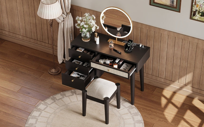 Walker Edison - 39" Retro Bohemian Style Wooden Makeup Vanity Set with Charging Plug&USB Port and Stool, Dressing Table with 3 Storage Drawers and 1 Rectangular Rattan Drawer, Black