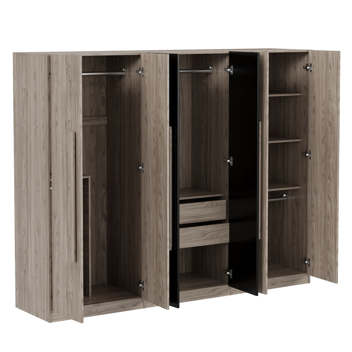 6 Doors Wardrobe Storage For Bedroom, With 2 Drawers Inside - Black / Nature, photo 4 of 7