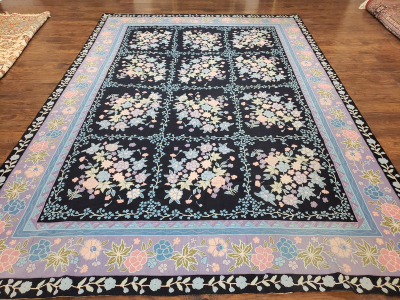 Chinese Needlepoint Rug 8 x 11.4, Hand-Woven Area Carpet, Flatweave Rug, Black Blue Light Violet Floral Garden European Design Wool Aubusson