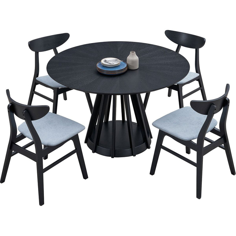 (1 Table+4 Chairs)Modern Dining Table Set of 5 pcs,Wooden Dining Table and Upholstered Chairs for Living Room,Round Kitchen Set with Sturdy Legs for Restaurant,Black