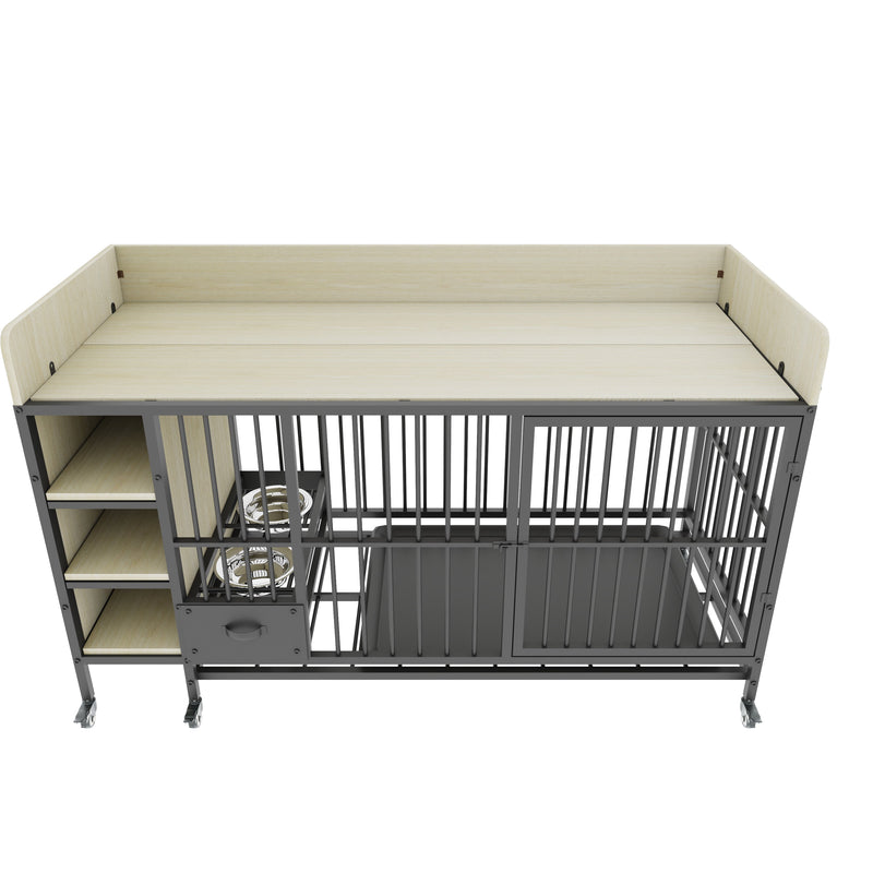 Large pet cage with storage rack, drawers with stainless steel food and water basin, made of iron frame and MDF material, sturdy, exquisite, and practical (black+beige)