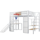 Loft Bed With Built In Desk, Open Wardrobe, Basketball Hoop, Slide And Staircase