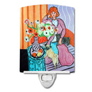 Lady with her Pug Ceramic Night Light Compact, UL-Certified, Ideal for Bedroom, Bathroom, Nursery, Hallway, Kitchen, 6x4x3, Multicolor