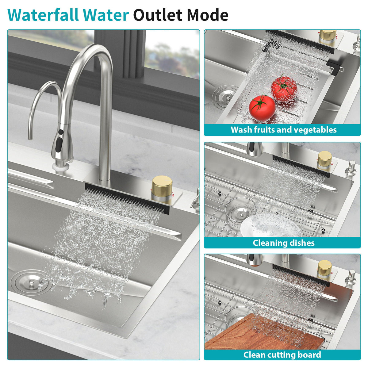 Waterfall Kitchen Sink With Pull Out Faucet & Cup Washer, photo 21 of 40