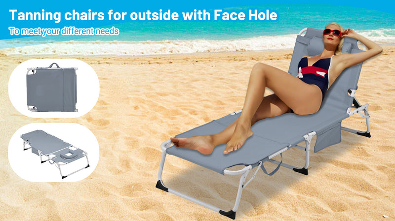 3-in-1 Heavy Duty Tanning Chair with Face Hole Adjustable 5-Position Folding Chaise Lounge Chairs for Outside Portable Lay Flat Beach Lounge Chair for Outdoor Sunbathing Patio Pool Lawn Camping Deck P
