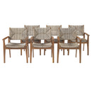 5-Piece Outdoor Dining Set: Brown Round Acacia Wood Table & 4 Brown Wicker Armchairs