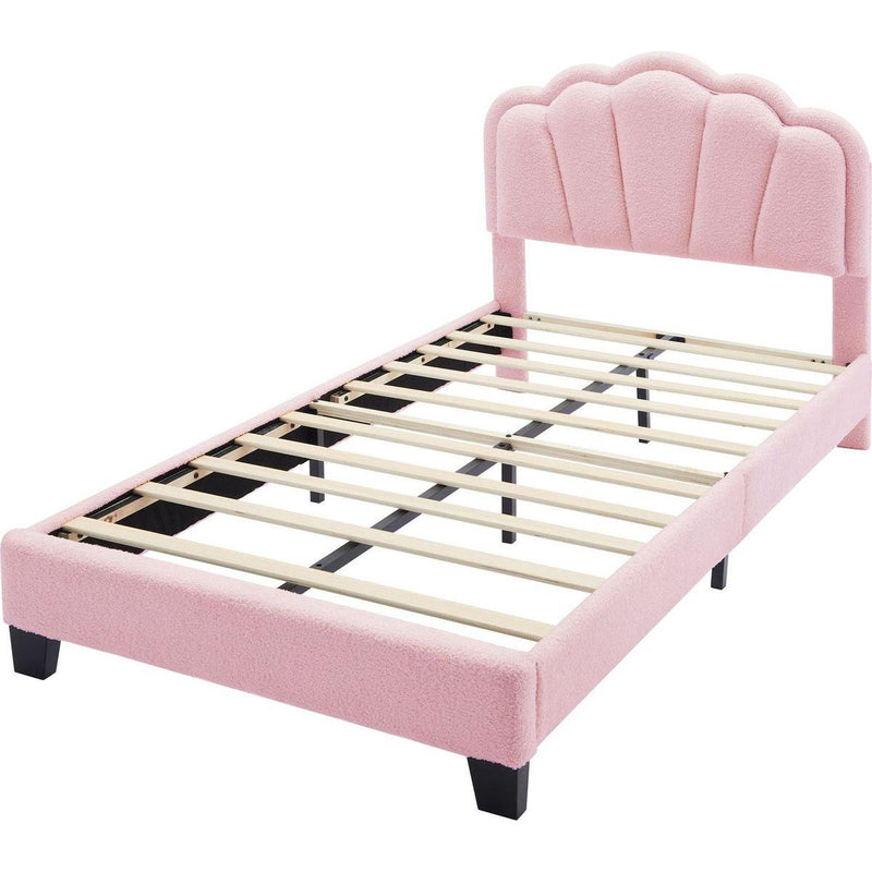 2-Pieces Bedroom Sets Twin Size Flower-Shaped Upholstered LED Platform Bed with Storage Ottoman-Sherpa Fabric, Pink