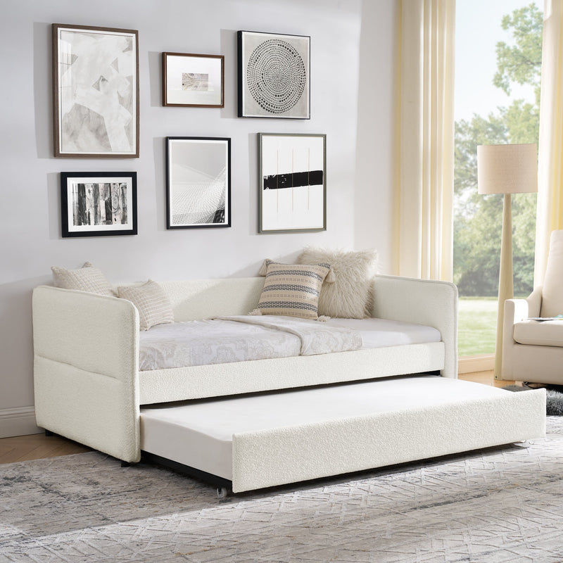 Daybed with Trundle Upholstered Tufted Sofa Bed, Twin Size, Boucle Fabric, Beige (83'x43'x29.5')