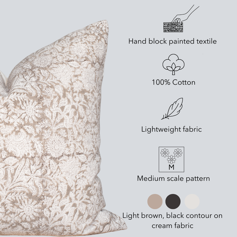 Sienna Floral Block Printed Pillow Cover | Light Brown