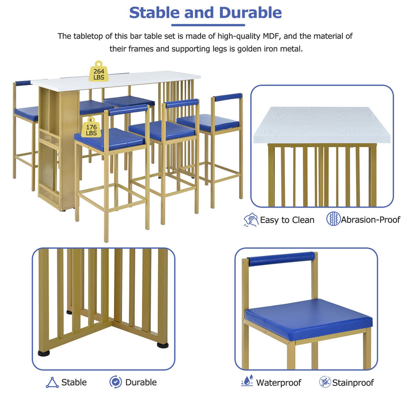 7-Piece Multi-Functional Modern Counter Height Dining Bar Table Set with Open Shelves and 6 Upholstered Stools for Dining Room, Bar and Cafe (White and Blue)