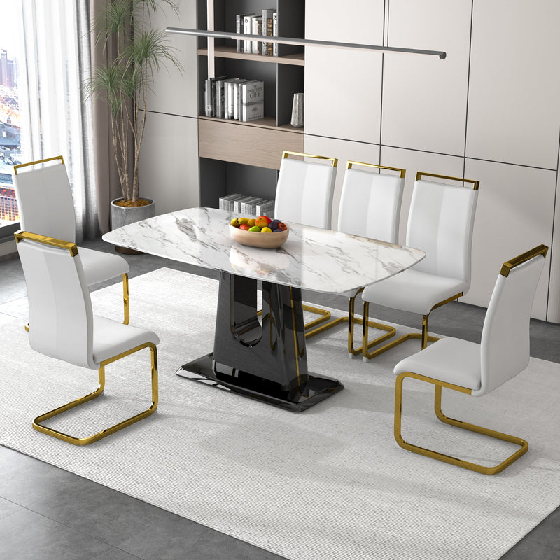 A modern, minimalist, and luxurious dining table with a white imitation marble tabletop and MDF legs with U-shaped brackets. Tables in restaurants and living rooms 63"x35.4"x30 F-U