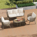 4-Piece Rattan Outdoor Patio Conversation Set with Seating Set for 5 and Coffee Table for Porch, Backyard and Garden (Brown Grey)