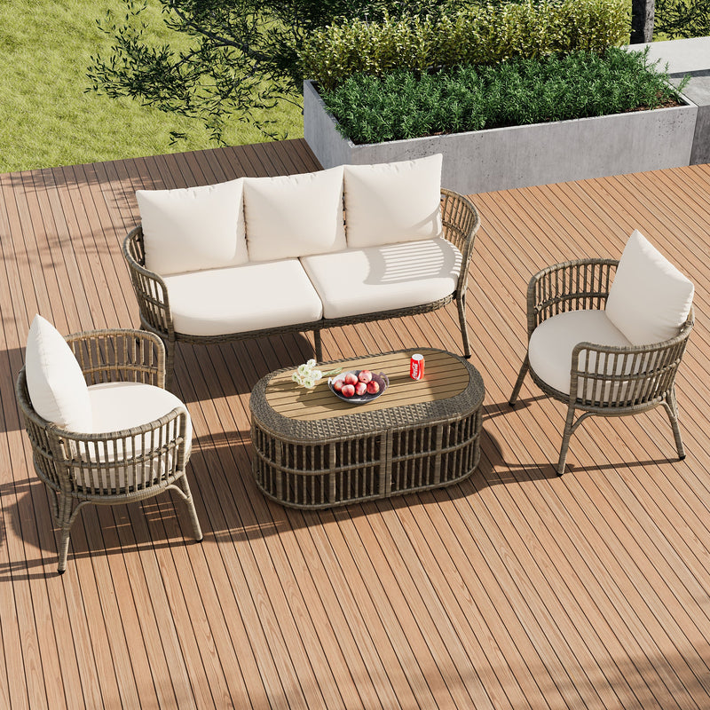 4-Piece Rattan Outdoor Patio Conversation Set with Seating Set for 5 and Coffee Table for Porch, Backyard and Garden (Brown Grey)