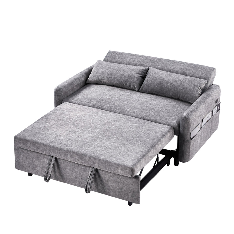55.1" Pull Out Sleep Sofa Bed Loveseats Sofa Couch with Adjustable Backrest, Storage Pockets, 2 Soft Pillows, USB Ports for Living Room, Bedroom, Apartment, Office,Grey